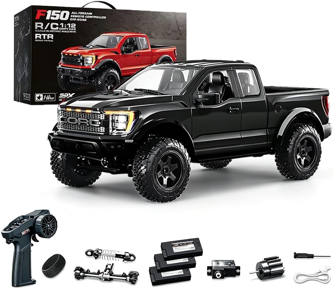 1:12 Scale F150 Raptor Style 4WD RC Off-Road Truck, 15KM/H High Speed Remote Control Car 2.4GHz All Terrain Pickup with Lighting System & Proportional Throttle for Adults Enthusiasts